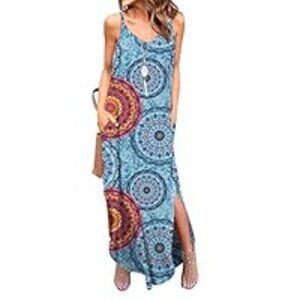 BOHO Casual Flora/ Mandala Print Maxi Dress/Beach Coverup Pockets Blue S #15T